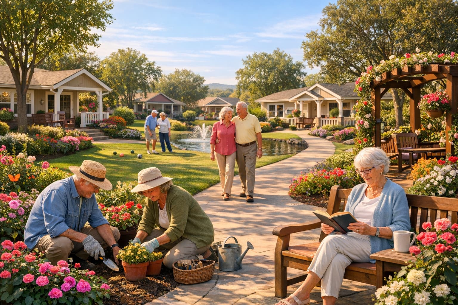 Independent senior living scene with gardens and cottages