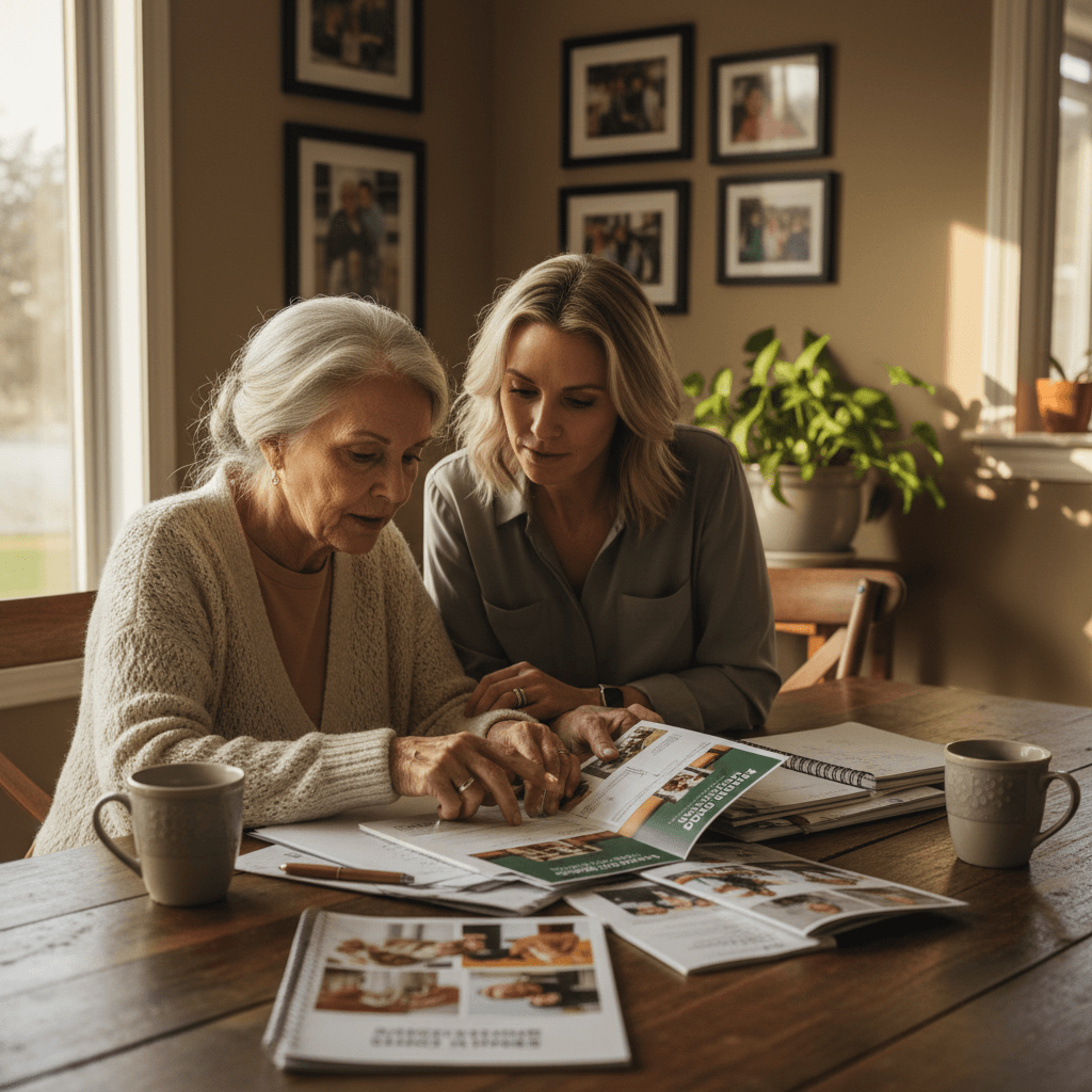 Family reviewing senior living options together