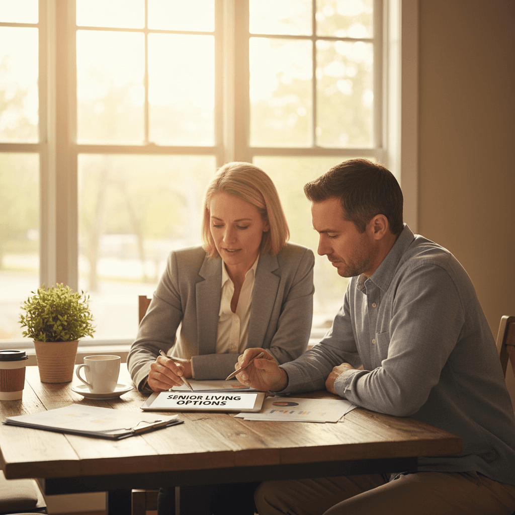 Consultant and family member reviewing senior living options together