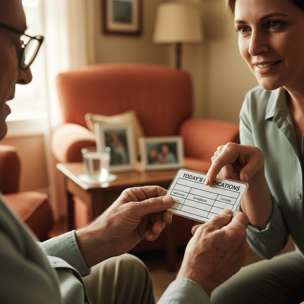 Caregiver pointing to medication reminder schedule while elderly man holds cards in comfortable home living room