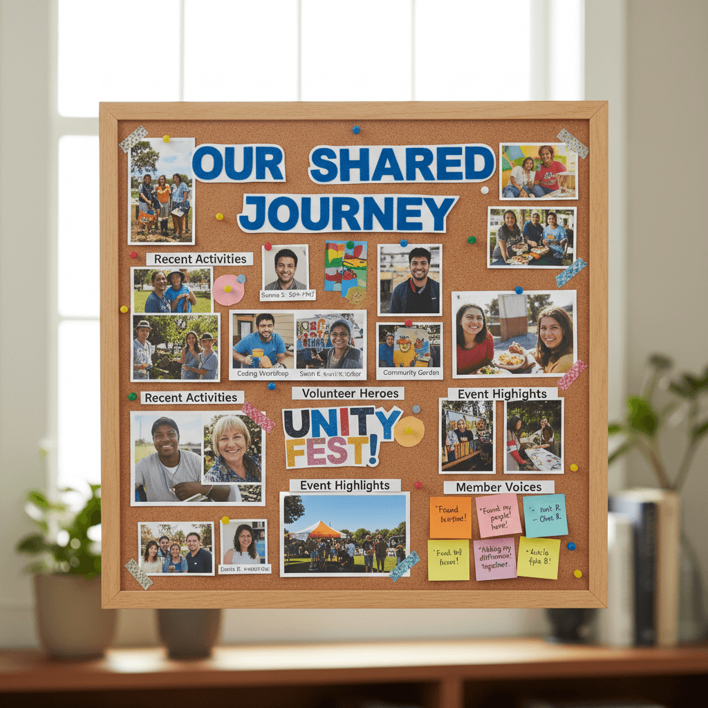Close-up of community bulletin board displaying photos, testimonials, and highlights of member activities and contributions