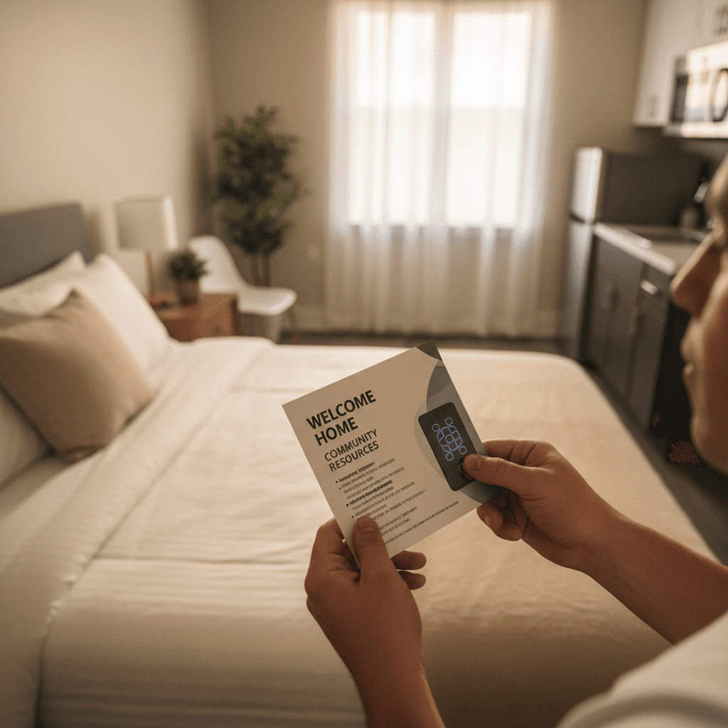 Resident's hands holding digital key card and welcome resources packet in newly furnished, bright apartment with view of bed and kitchenette